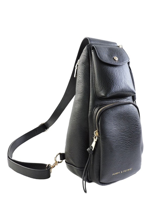 Poppy & Peonies Handbags - Poppy & Peonies Pebbled Vegan Leather Black En Route Sling Bag Knapsack